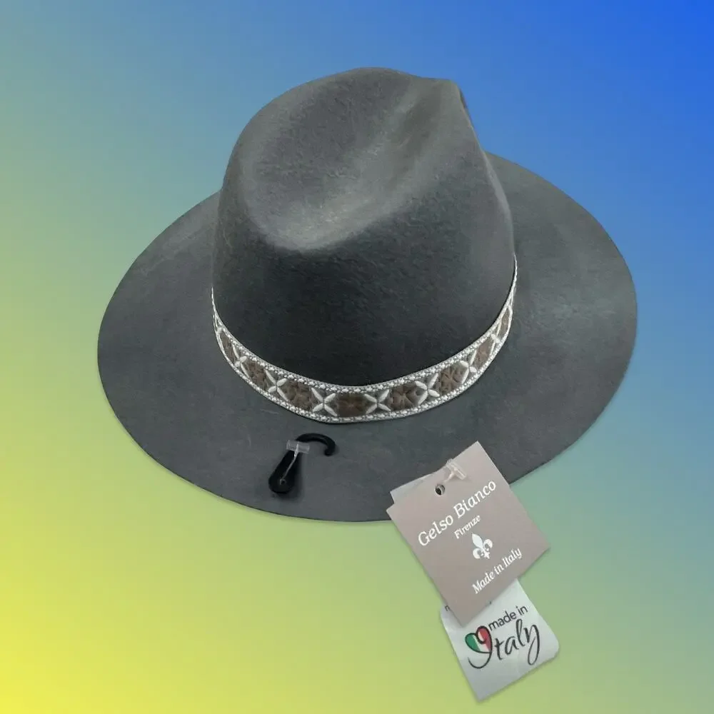 Gelso Bianco Italy Fedora Hat Gray 100% Wool NWT Chain Link Trim Made in Italy
